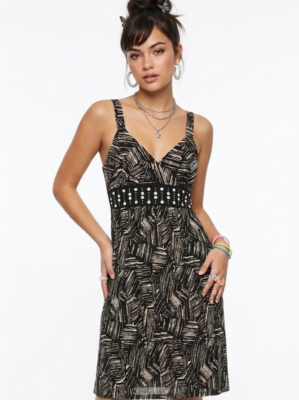 Y2K Black & White Studded Midi Dress Sz L Vintage Whimsygoth Grunge